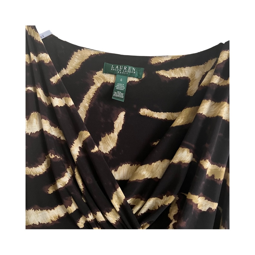 Lauren Ralph Lauren Chic Zebra Print Black and Gold V-neck Ruched Midi Dress - Picture 6 of 8